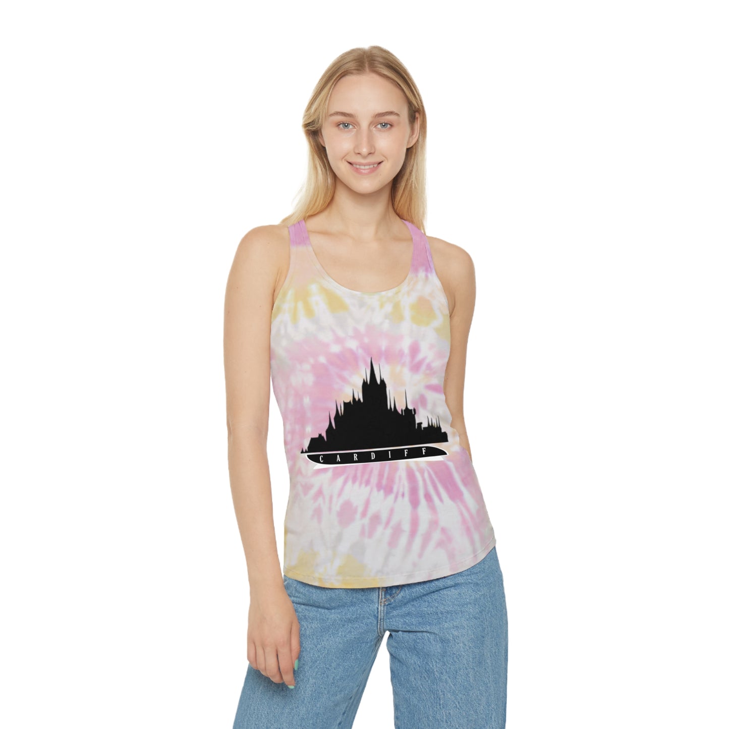 Tie Dye Racerback Tank Top With cardiff Design | OKEYCITY