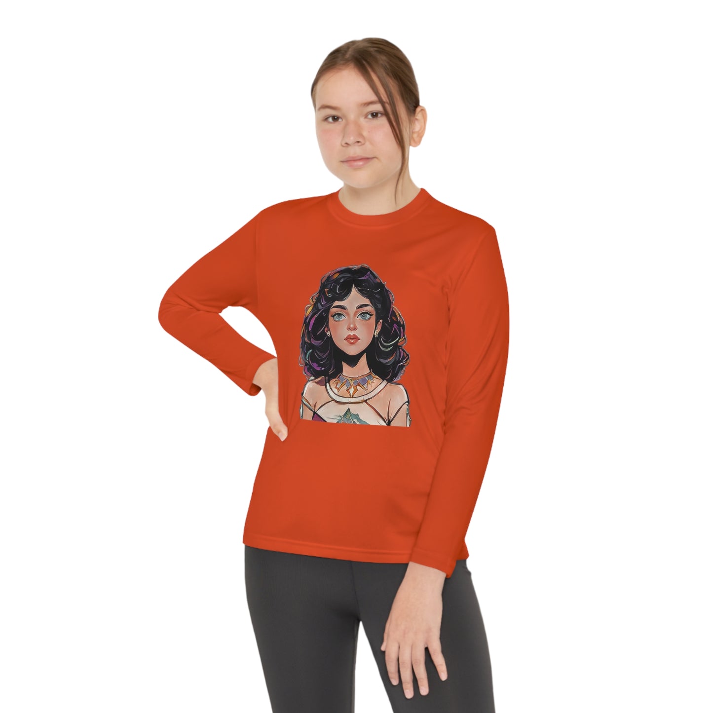 Youth Long Sleeve Competitor Tee with Cartoon face of a girl design | OKEYCITY