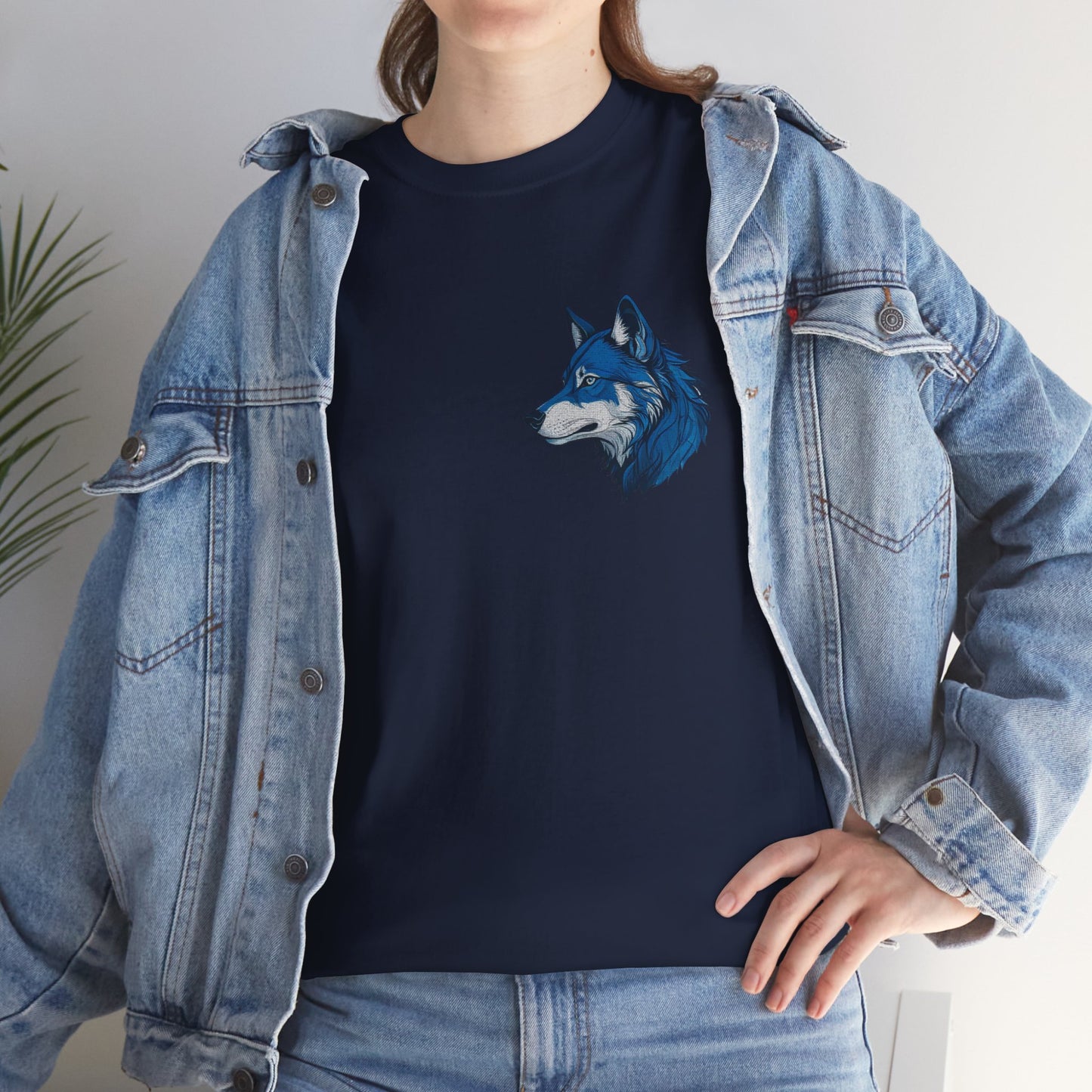 Unisex Heavy Cotton Tee with deep blue wolf Design | OKEYCITY