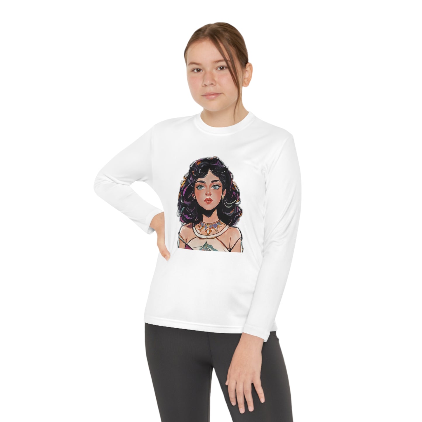 Youth Long Sleeve Competitor Tee with Cartoon face of a girl design | OKEYCITY