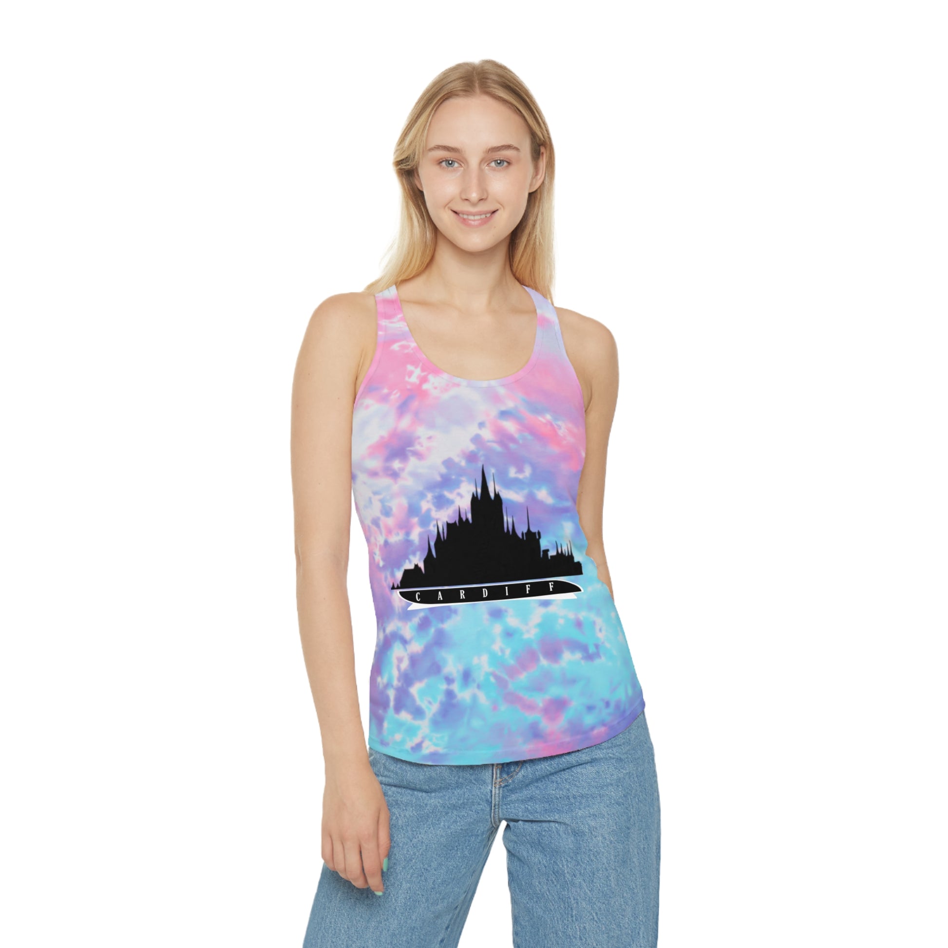 Tie Dye Racerback Tank Top With cardiff Design | OKEYCITY