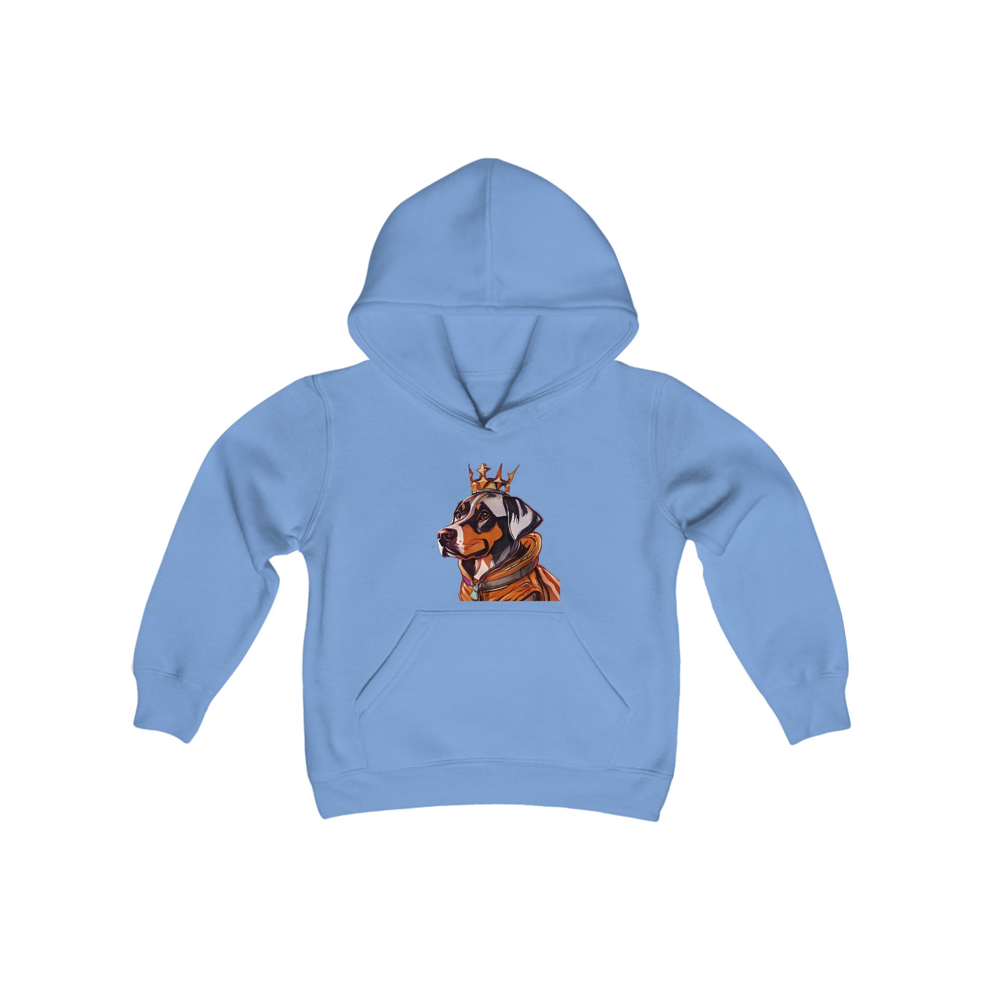 Youth Heavy Blend Hooded Sweatshirt with king Dog vector Design | OKEYCITY