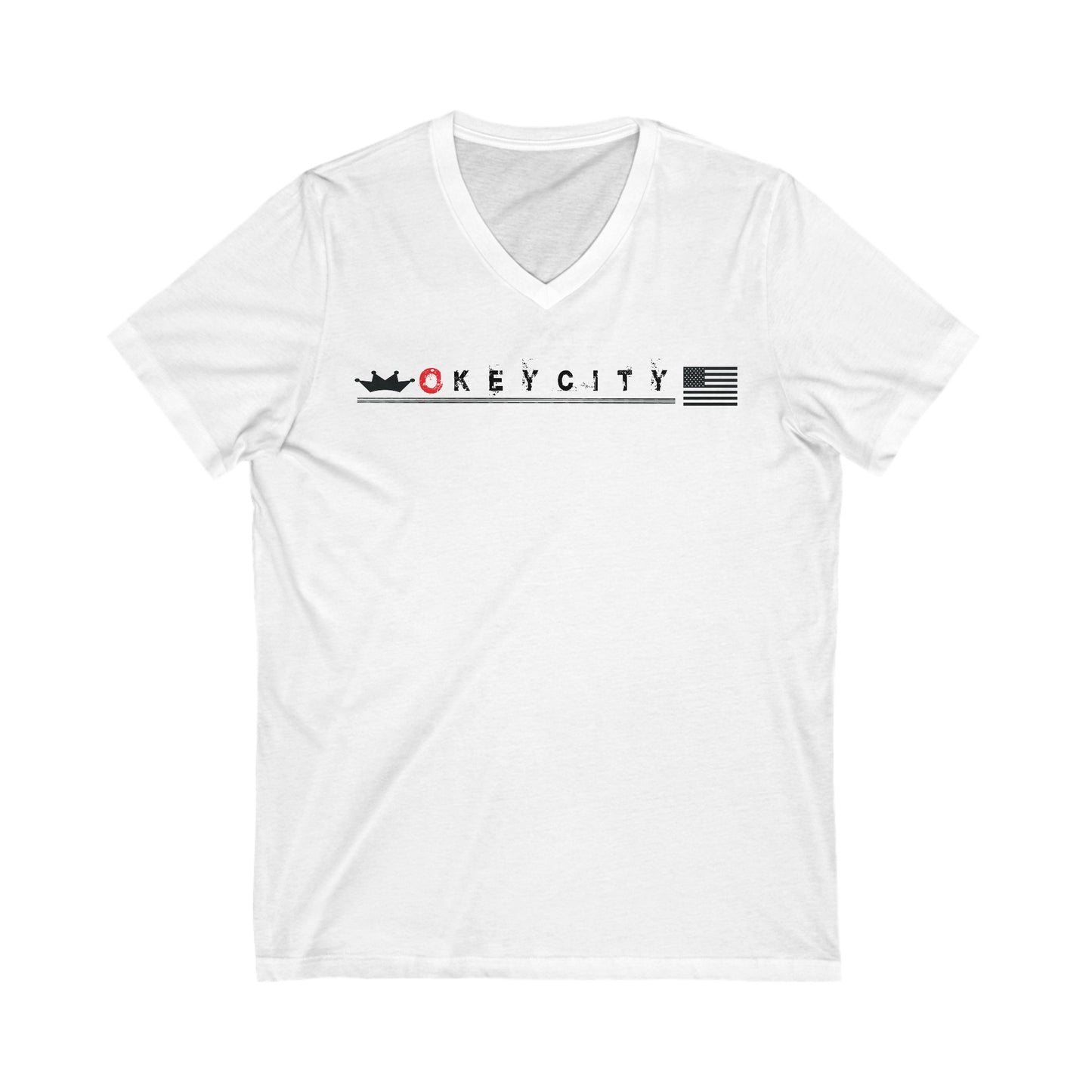 Unisex Jersey Short Sleeve V-Neck Tee with Brand okeycity Design | OKEYCITY