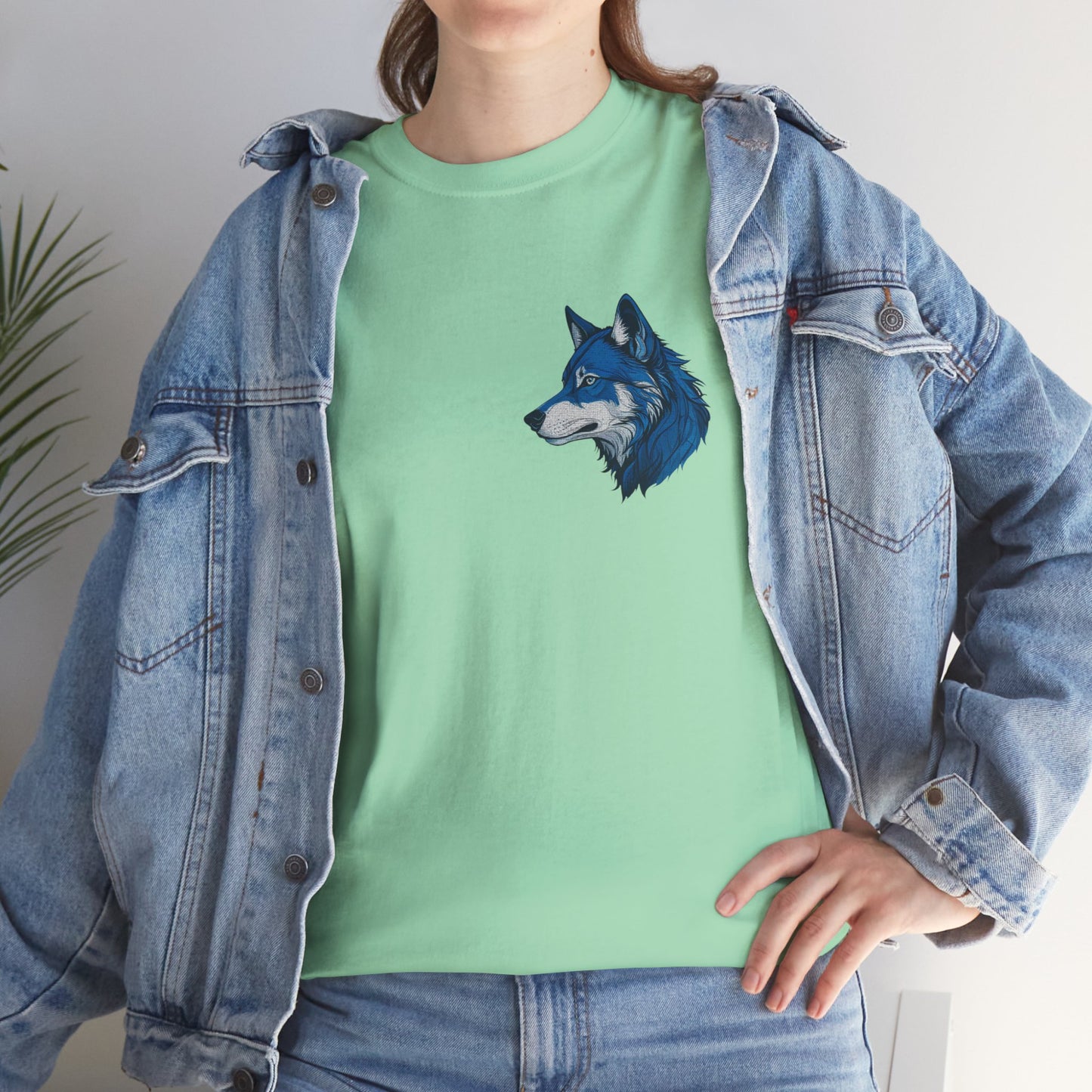 Unisex Heavy Cotton Tee with deep blue wolf Design | OKEYCITY