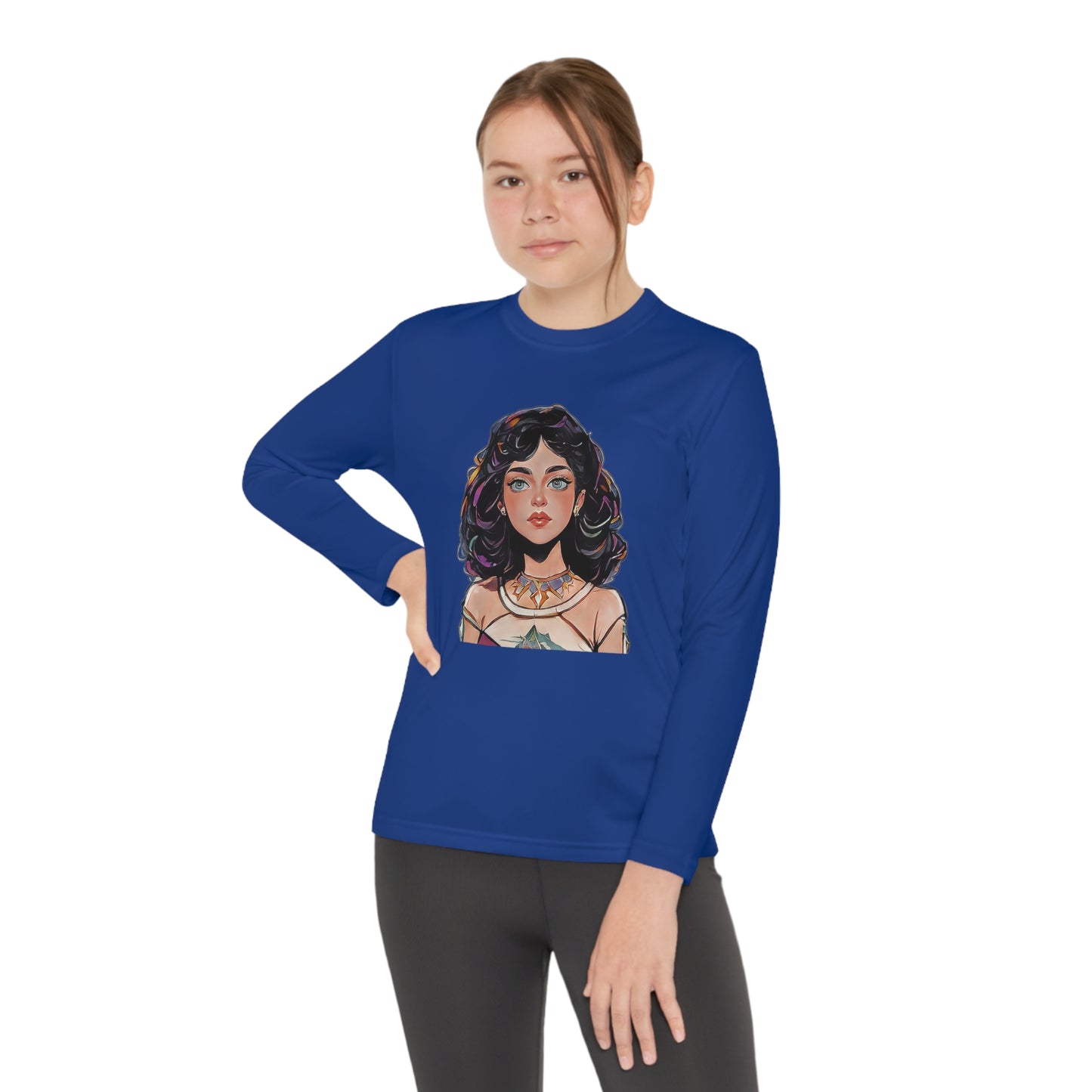 Youth Long Sleeve Competitor Tee with Cartoon face of a girl design | OKEYCITY