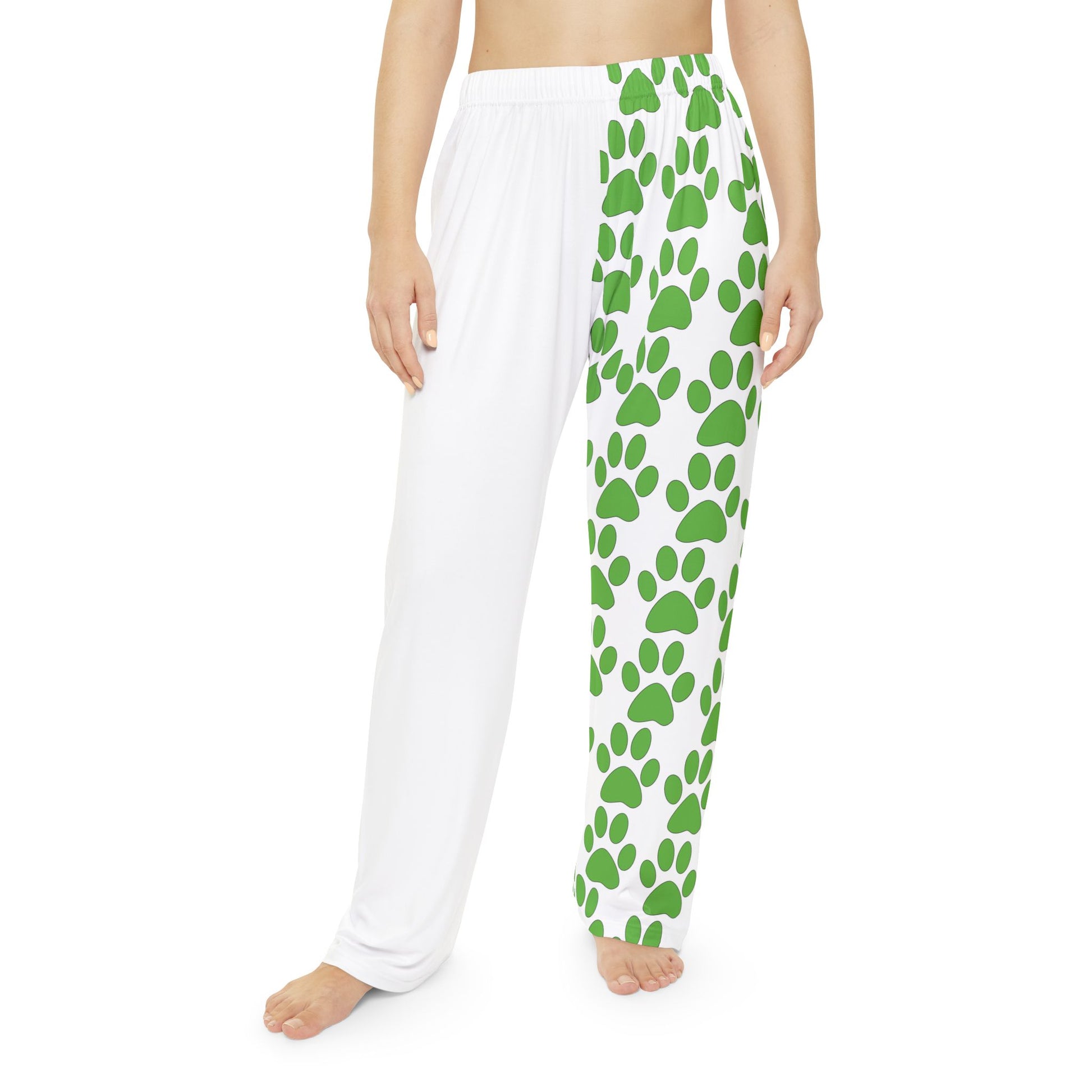 Women's Pajama Pants (AOP) with Green dog footprint design | OKEYCITY