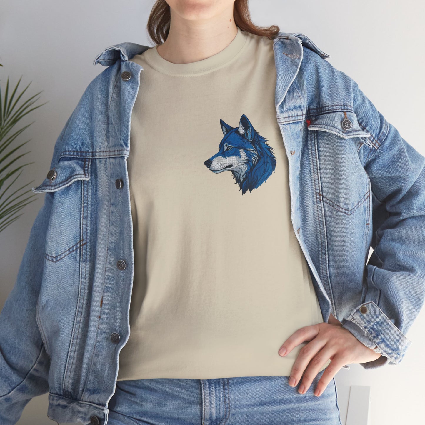 Unisex Heavy Cotton Tee with deep blue wolf Design | OKEYCITY