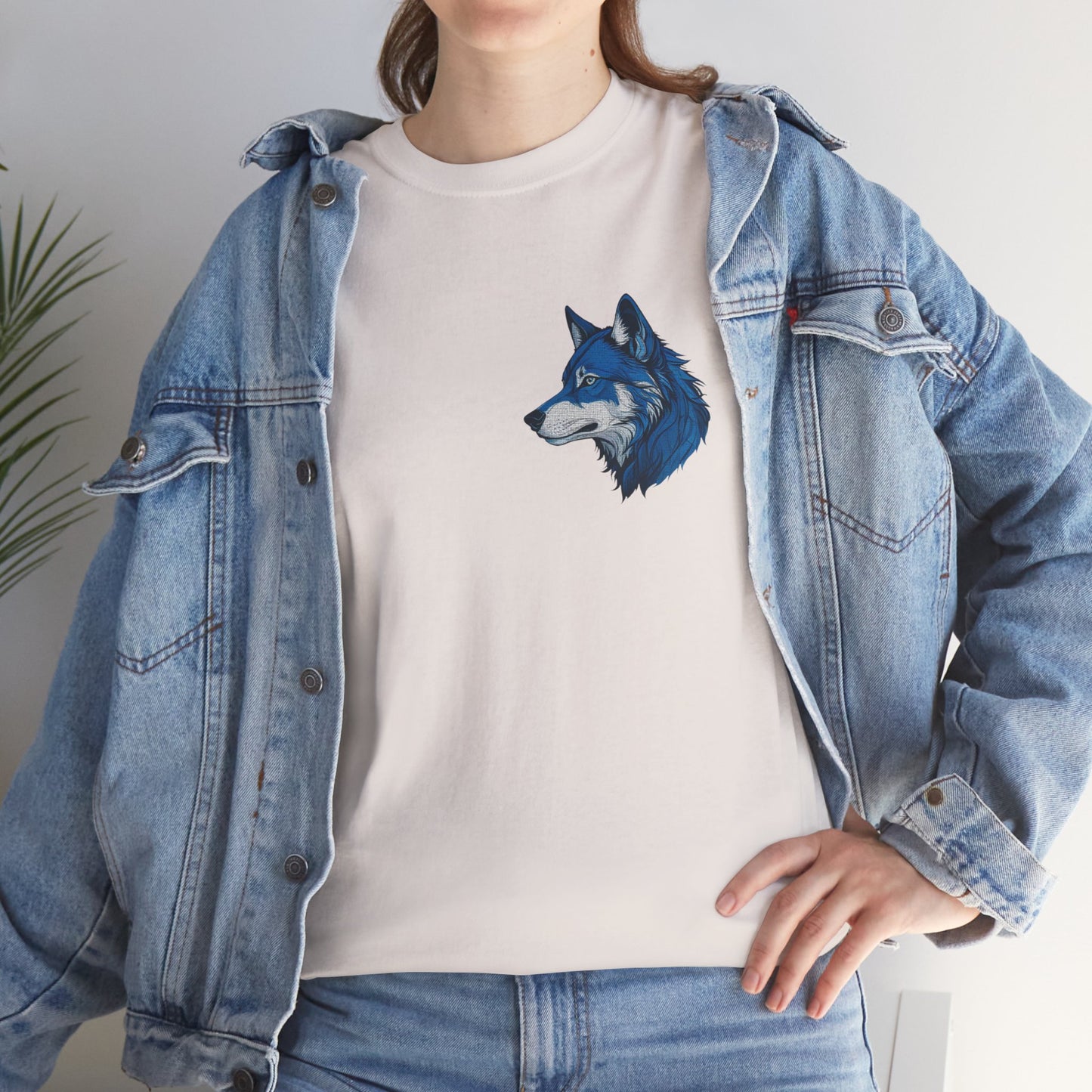 Unisex Heavy Cotton Tee with deep blue wolf Design | OKEYCITY