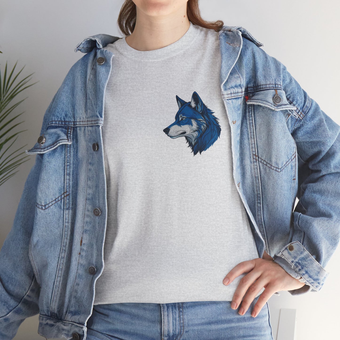 Unisex Heavy Cotton Tee with deep blue wolf Design | OKEYCITY