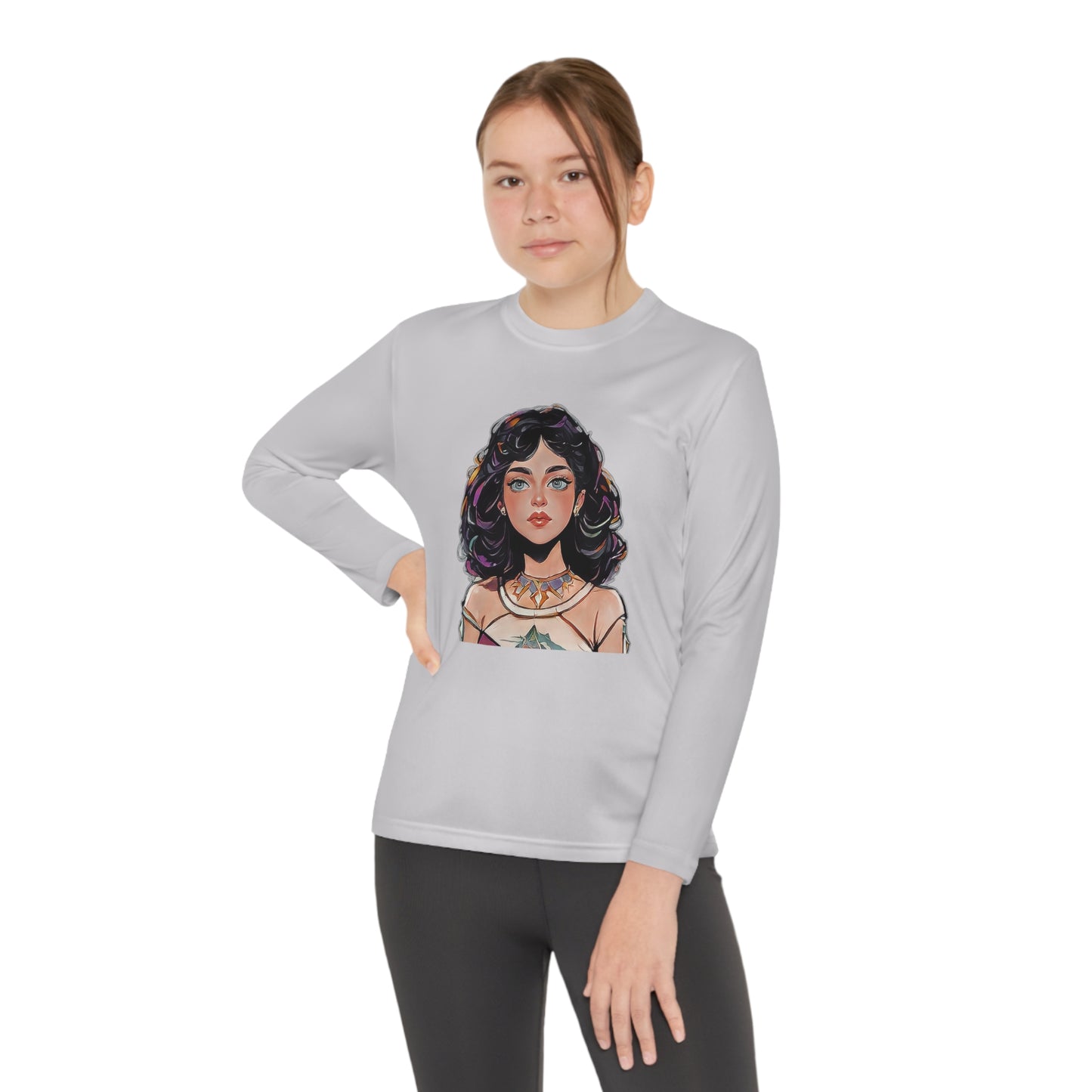 Youth Long Sleeve Competitor Tee with Cartoon face of a girl design | OKEYCITY