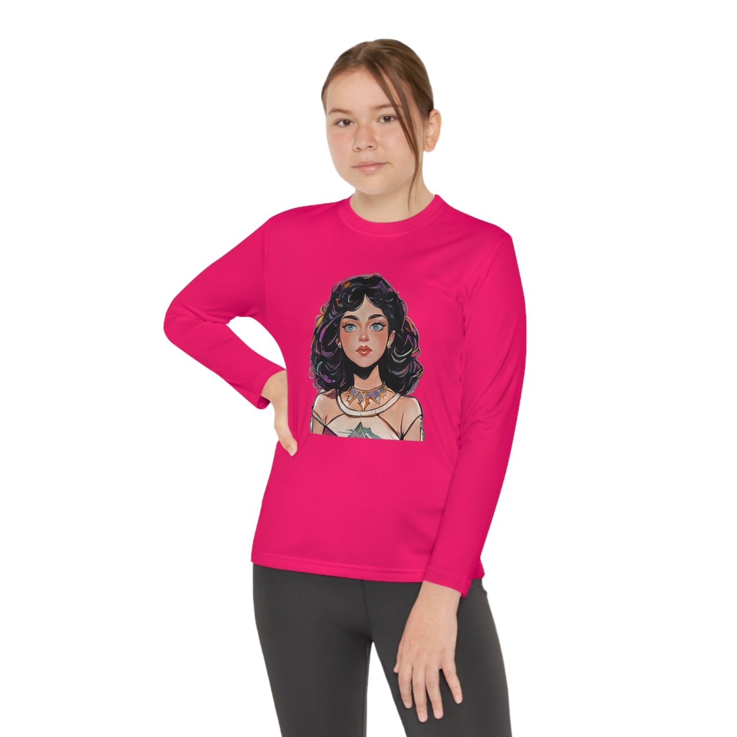 Youth Long Sleeve Competitor Tee with Cartoon face of a girl design | OKEYCITY