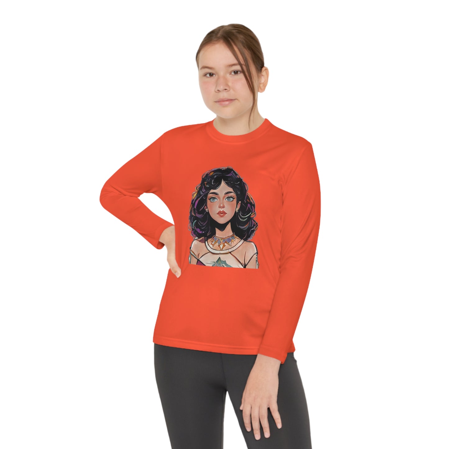 Youth Long Sleeve Competitor Tee with Cartoon face of a girl design | OKEYCITY