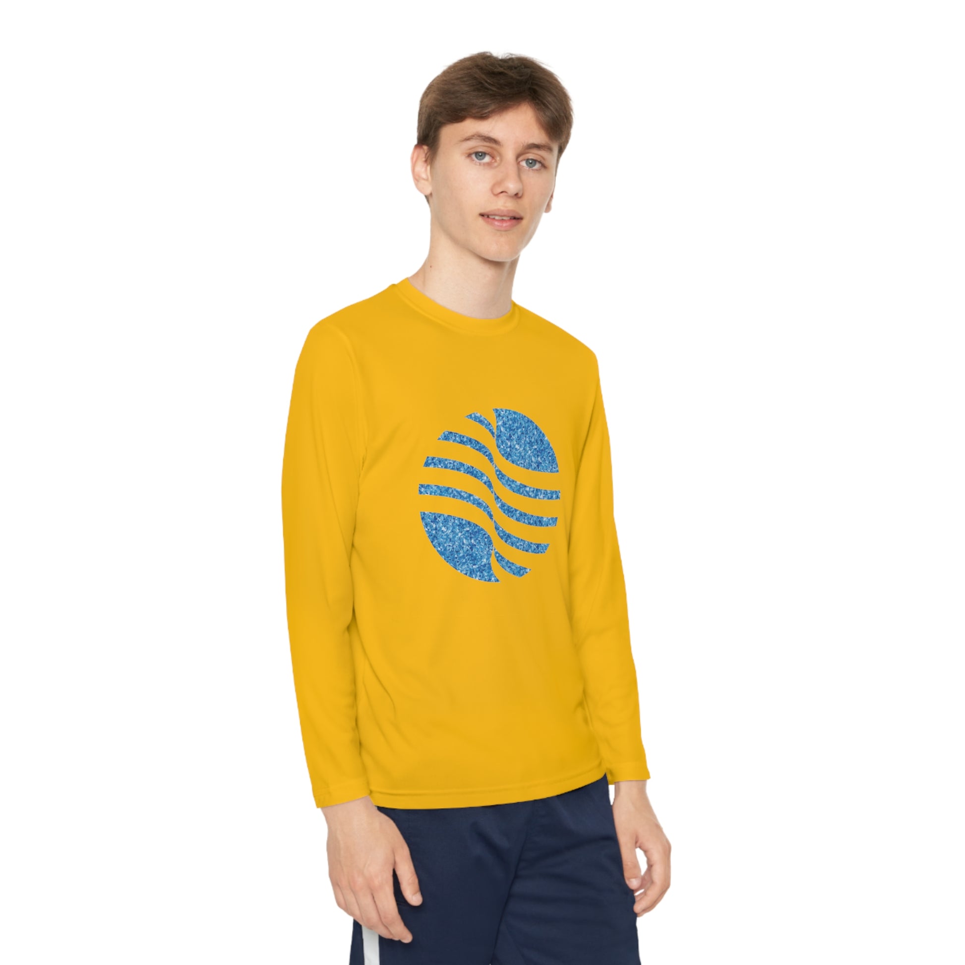 Youth Long Sleeve Competitor Tee with blue circle Design | OKEYCITY