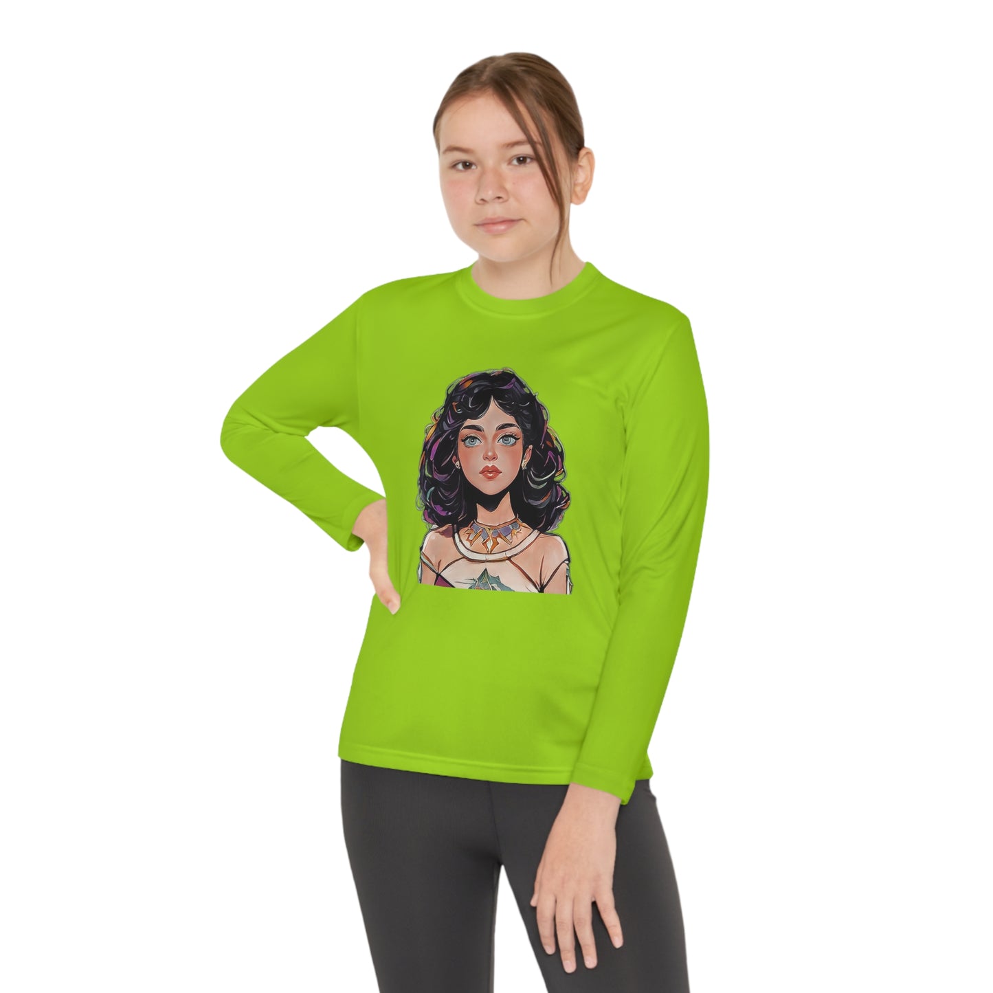 Youth Long Sleeve Competitor Tee with Cartoon face of a girl design | OKEYCITY